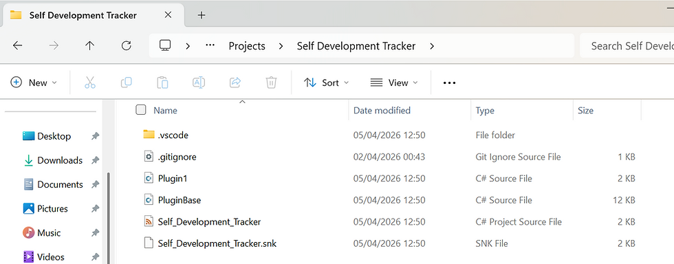 Plugin file and folder structure within the 'Self Development Tracker' folder, following its creation from running the 'pac plugin init' command in Command Prompt.
