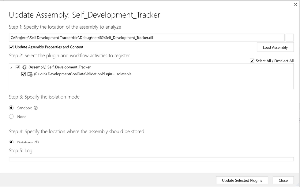 Update Assembly screen with the relevant dll file added into step one, all items selected in step two, 'Sandbox' selected in step three and 'Database' selected in step four.