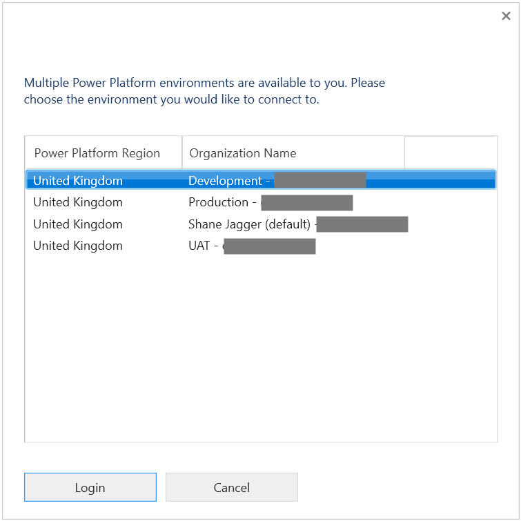 Plugin Registration Tool environment selection screen showing the Development environment selected.