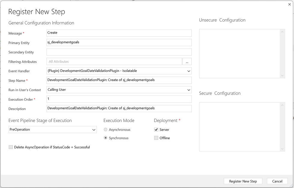 Register New Step screen with the plugin Registration Tool, showing relevant fields completed.