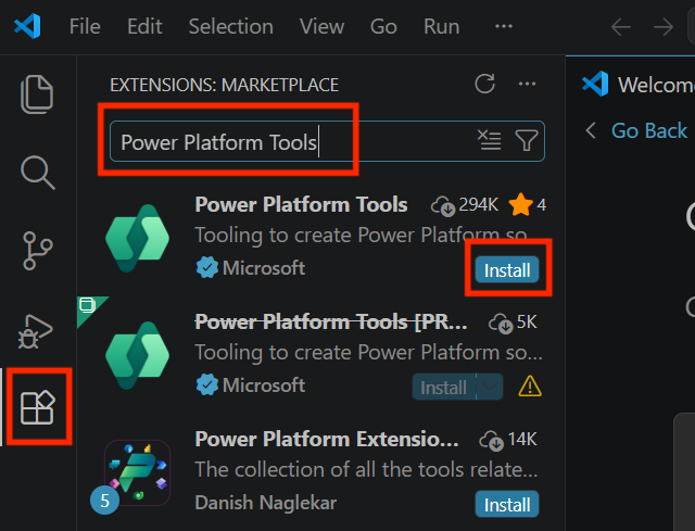 Power Platform Tools being searched for in the Visual Studio Code Extensions Marketplace. With the top result being Power Platform Tools by Microsoft, this can be installed.