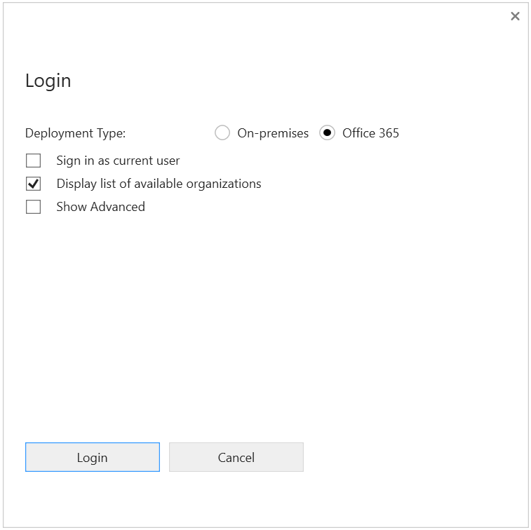 The login window on the Plugin Registration Tool, with the 'Display list of available organizations' option selected.