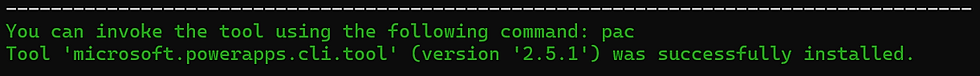 Message with Command Prompt showing successful install of PAC CLI.