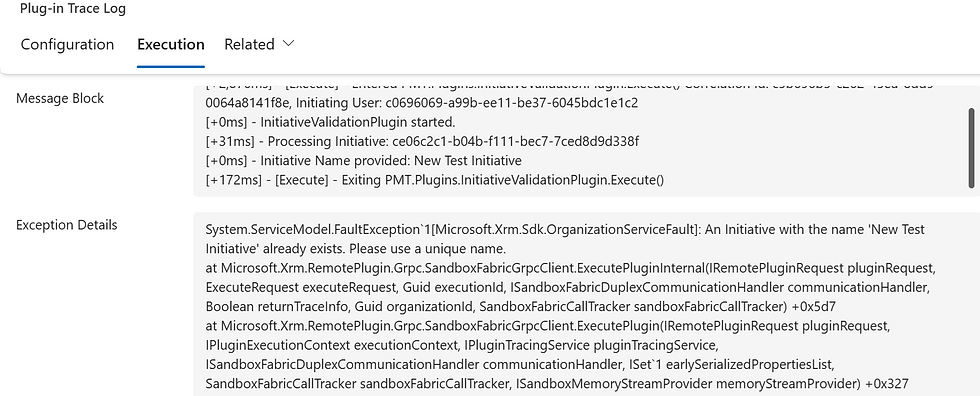 Full details of the error shown under wth 'Execution' tab within the plug-in trace log.