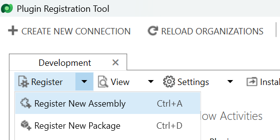 Selecting the option to register a new assembly within the Plugin Registration Tool.