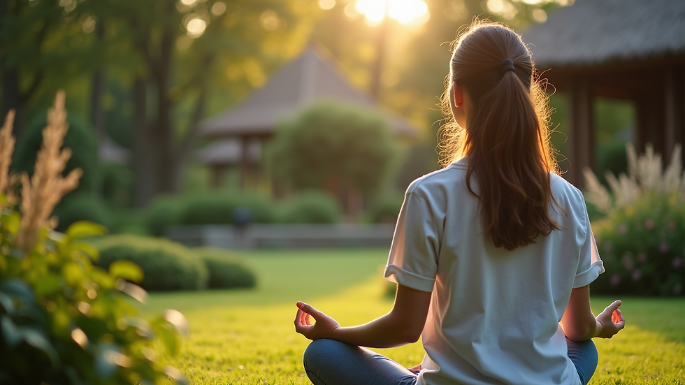 Close-up view of a person meditating in a serene garden