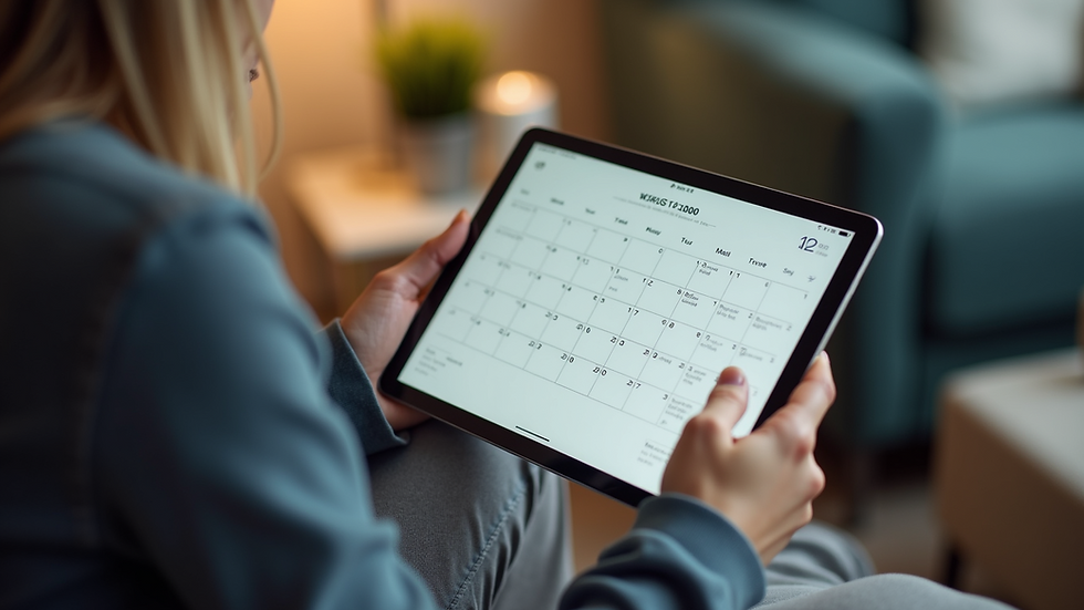 Close-up view of a person using a digital calendar on a tablet