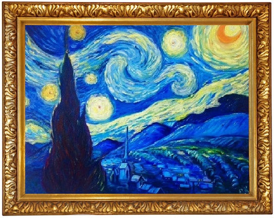 Thumbnail: Starry Night by Vincent Van Gogh. Oil reproduction. Framed gold