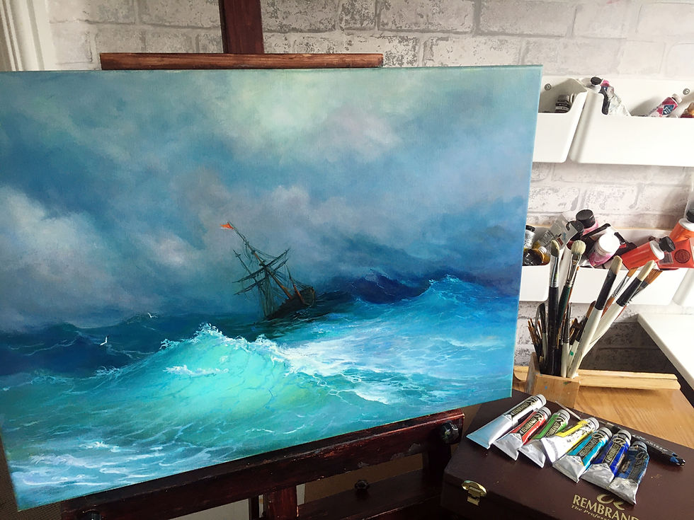 Thumbnail: Ship on the stormy sea. Original oil painting. Side view