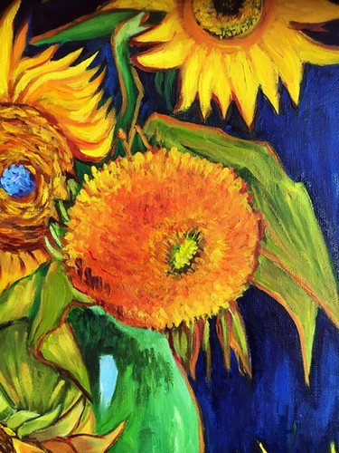 Six Sunflowers on the Royal-Blue Background by Van Gogh | OBK ART