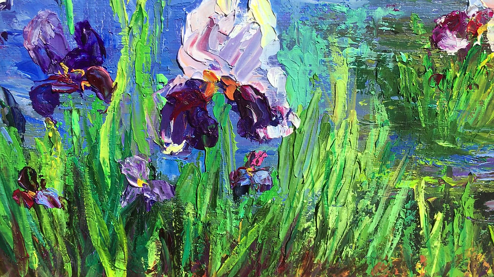 Thumbnail: Pond with Irises. Original oil painting close up