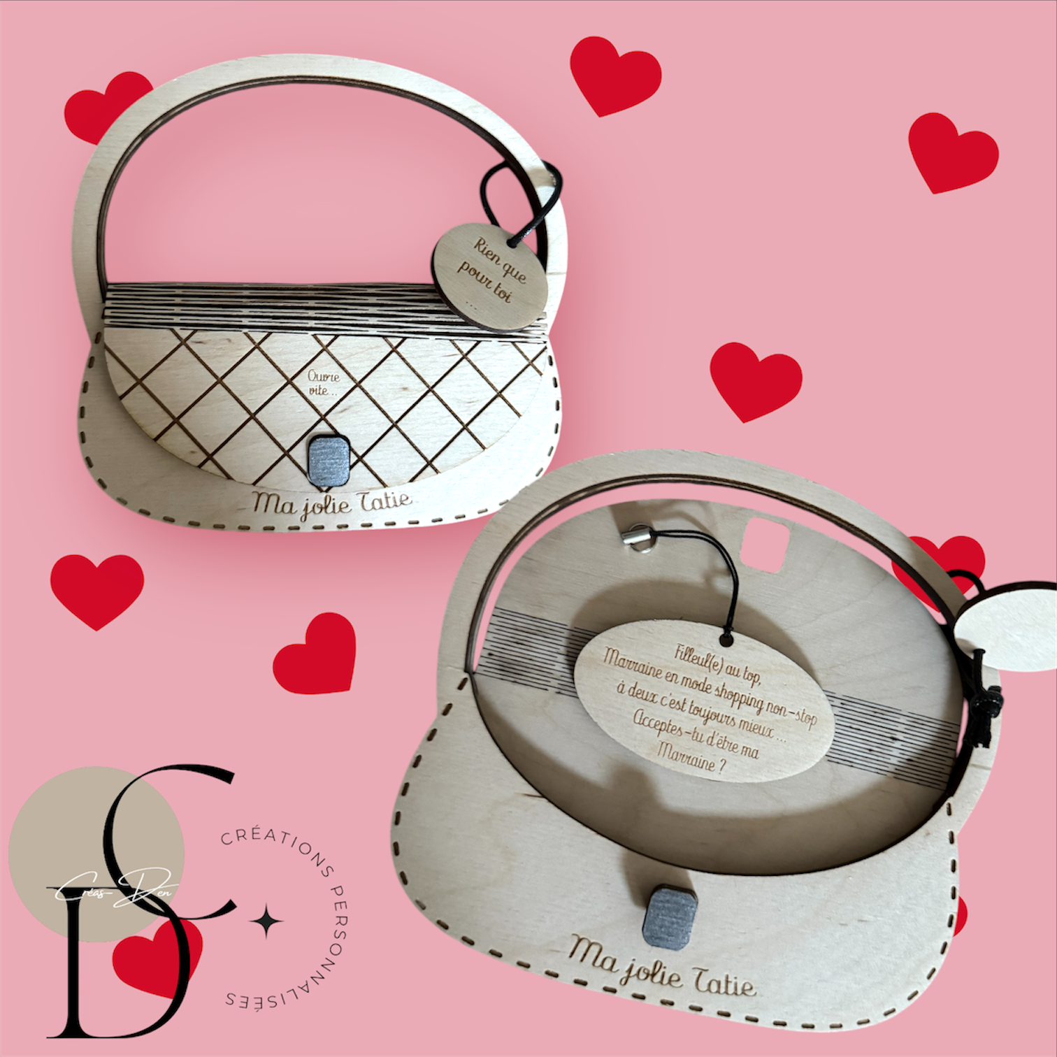 Sac en bois avec porte clé pour Marraine