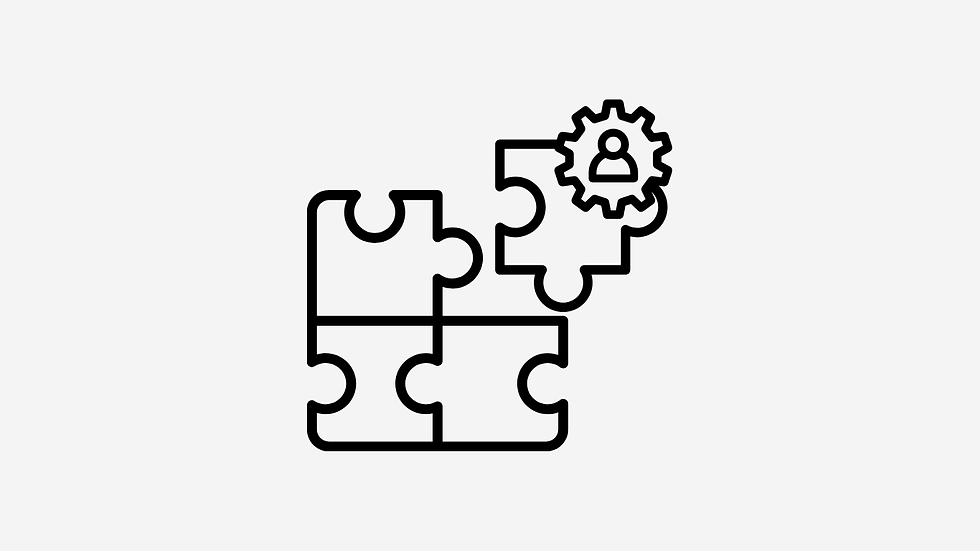 Line art icon of puzzle pieces with a gear, representing integration, problem solving, and strategic solutions