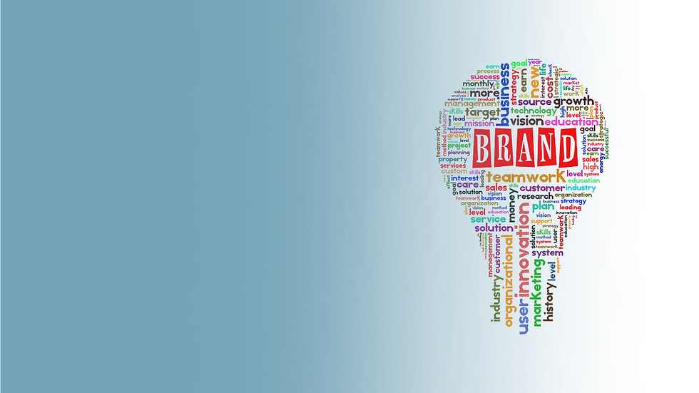 Colorful word cloud in the shape of a light bulb with the word BRAND in the center, symbolizing creativity, innovation, and m