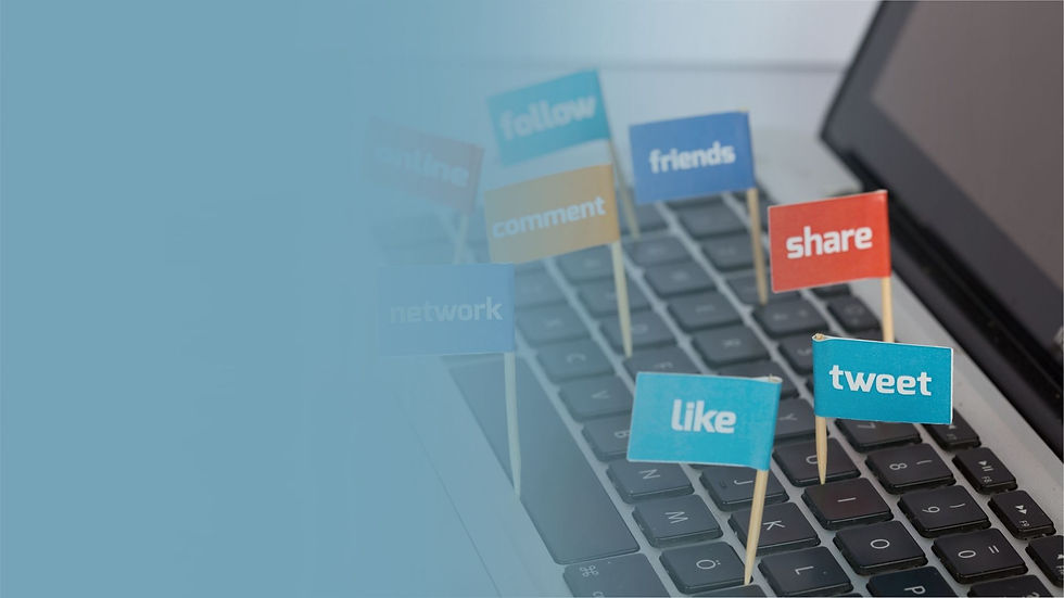 Keyboard with colorful social media tabs including like, share, and tweet, symbolizing social media engagement