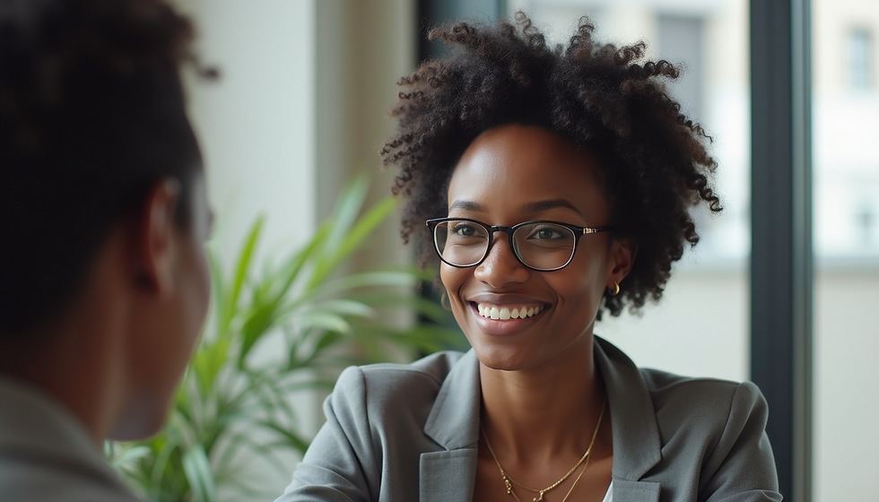 A dedicated coach engaging in a productive conversation, showcasing her active listening skills and warm smile.