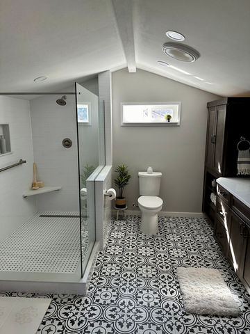 Tile shower, large vanity.