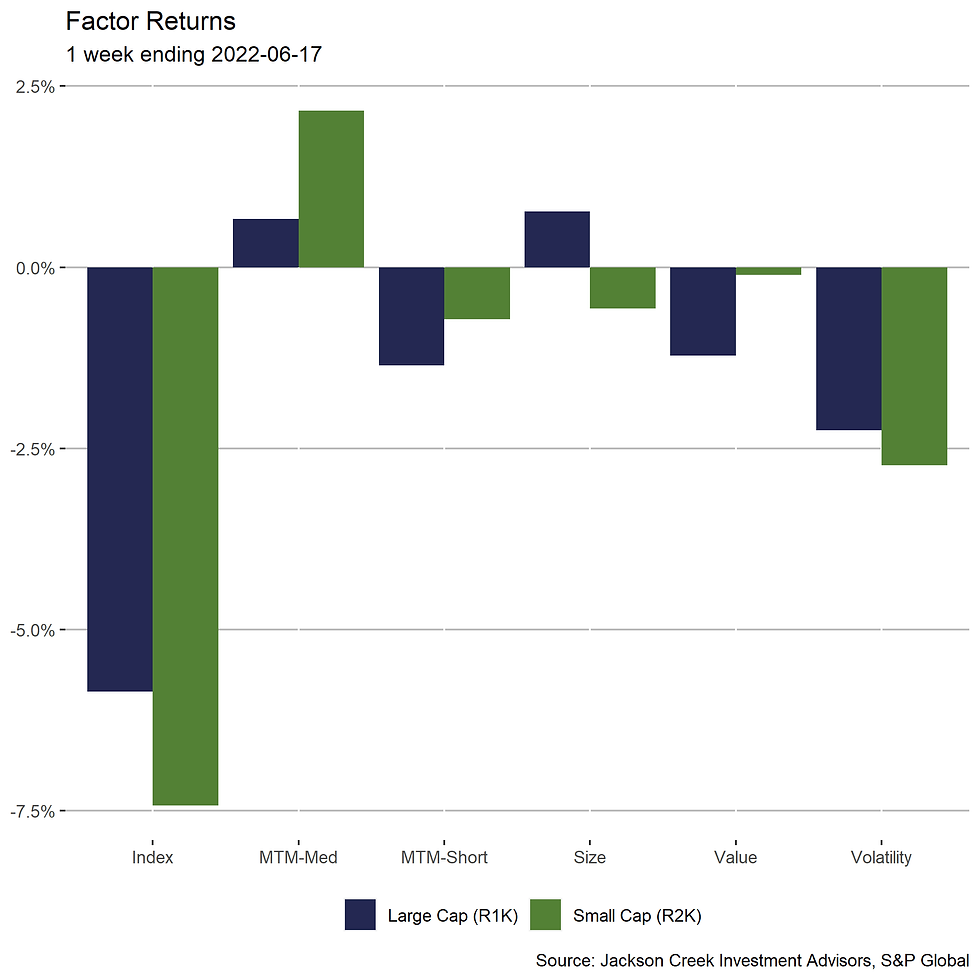 1 week returns for medium-term momentum, short-term momentum, size, value, and volatility within large and small cap universes
