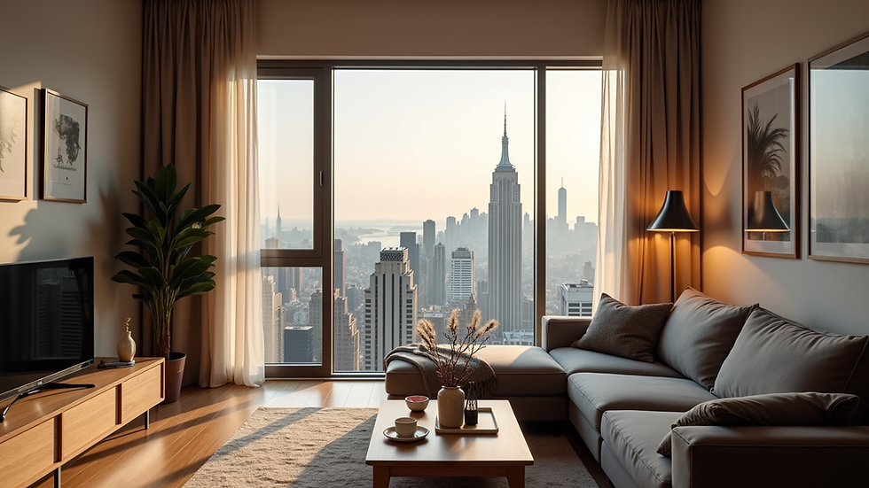 Eye-level view of a cozy apartment living room with a view of the city skyline
