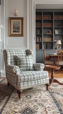 A traditional living room with a plaid wingback chair and round oak side table.