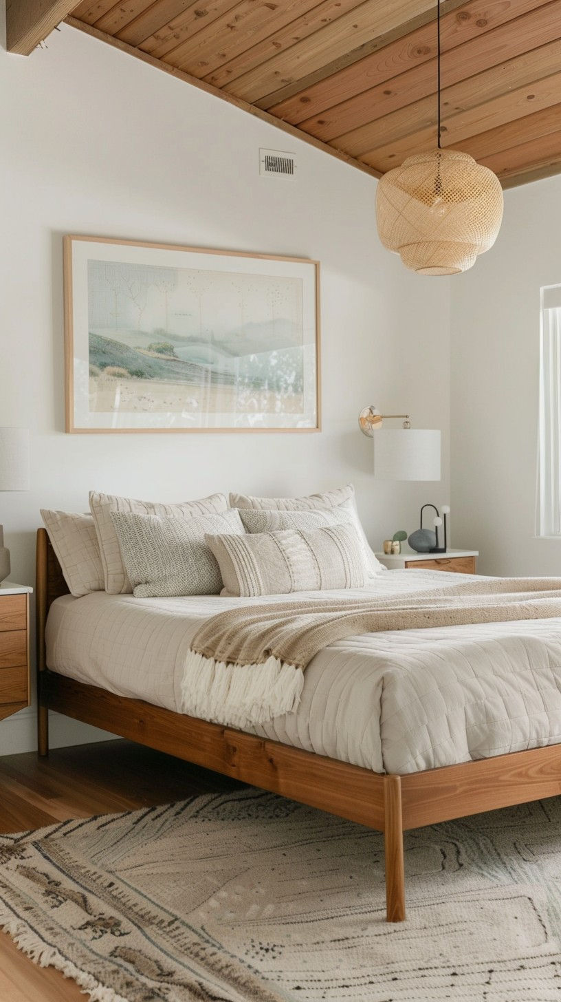 A bright and airy aesthetic white bedroom with a bed that has a natural wood bed frame and lots of pillows in different textures and patterns all in beige or white colors. A pendant light with a woven rattan shade hangs over the bed.