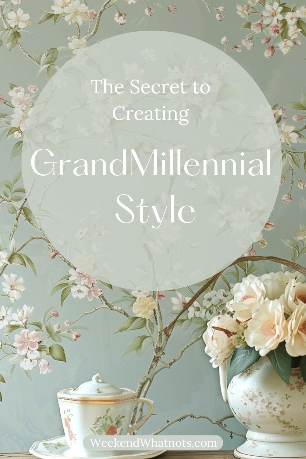 Floral tea cup and vase with soft pink flowers in front of a floral wallpapered wall