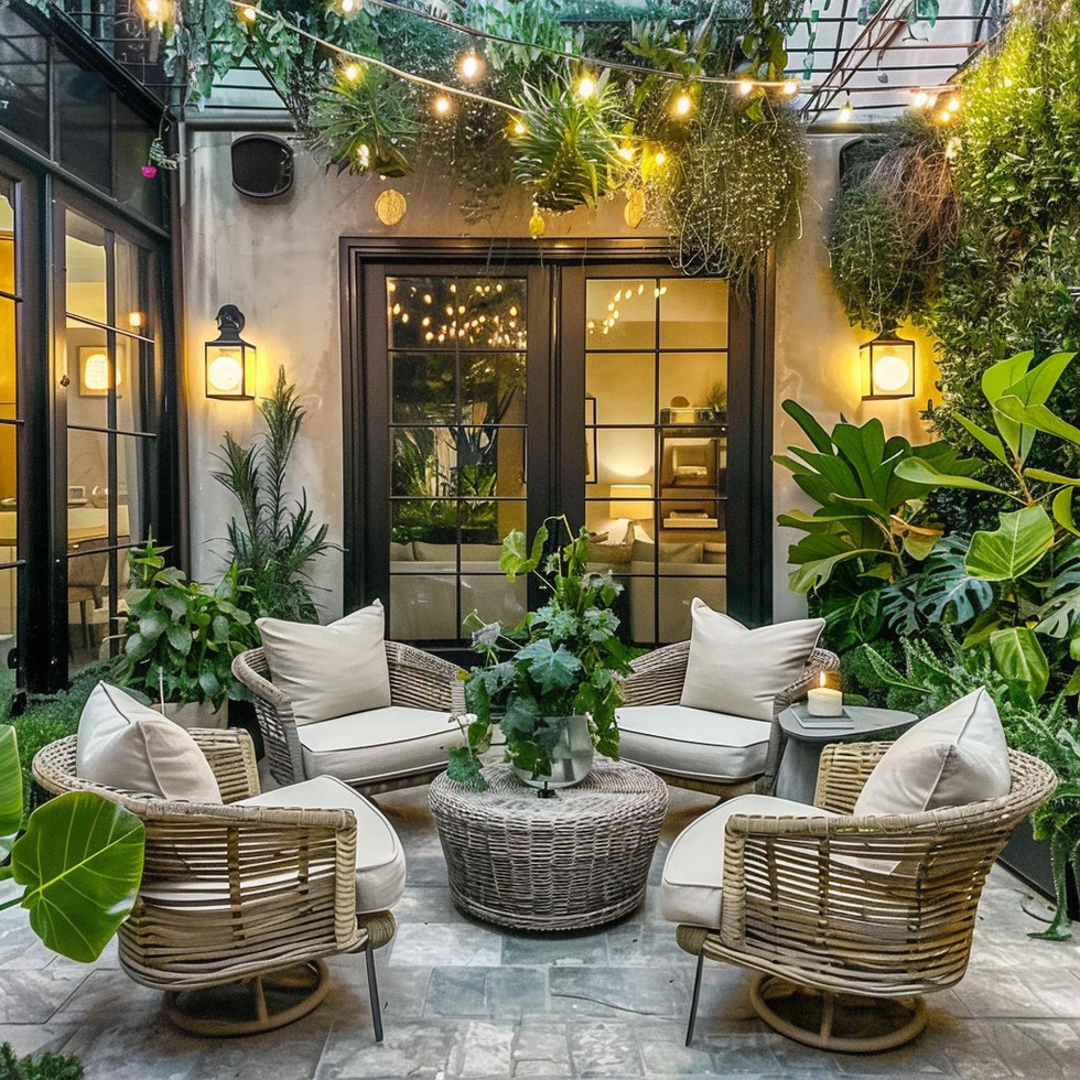 A patio area with wicker chairs surrounding a wicker coffee table with potted plants on it and lush green tropical plants surround all sides of the patio.