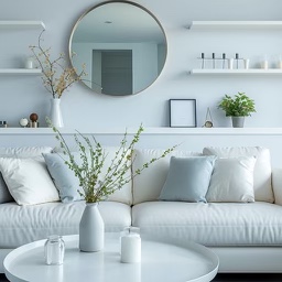 A minimalist living area in all white, with a sleek modern sofa and open shelving on the walls with minimal decor items on them.