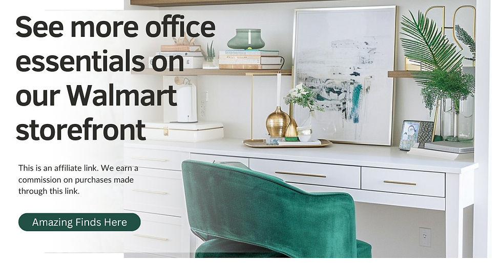 Advertisement with a white desk with gold handles and a velvet emerald green office chair to shop for more office decor on a new website