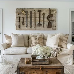 A modern farmhouse styled living room with a large sofa, a rustic wooden box coffee table, and farm tools hung on the walls for decorations