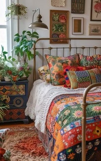 A bohemian bedroom with multicolored furniture, potted plants, and multicolored quilt bedding.