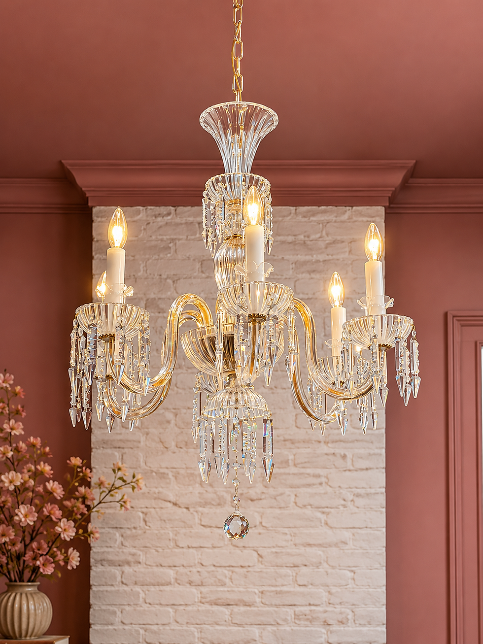 Crystal chandelier with lit candles hangs before a white brick wall in a mauve room; pink flowers in a vase at left.