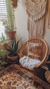 A bohemian sitting area with lots of potted plants, a macrame chair, and a wall hanging tapestry.