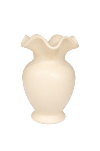 Cream colored ceramic vase with ruffled top