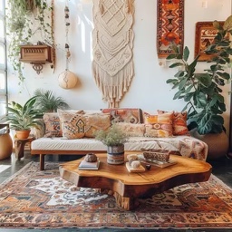A bohemian living room with a low slung sofa, wall tapestries, potted plants, and a large live edge wood coffee table.