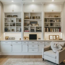 A traditional living room with a wall of builtins.