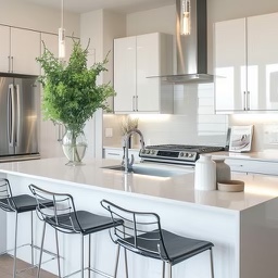 A minimalist kitchen with sleek shiny white cabinetry, modern stainless steel appliances, and an all white island with  gray metal chairs