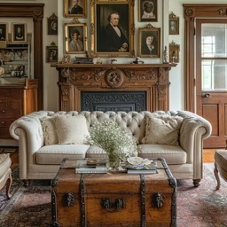A traditional living room with a vintage fireplace mantle, tufted couch, and a vintage suitcase as a coffee table