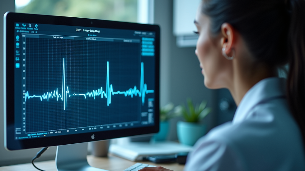 Eye-level view of a healthcare professional analyzing an EKG report on a computer screen