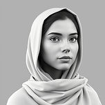 Create a image in greyscale of a young women wearing shawl no hair should be seen from the