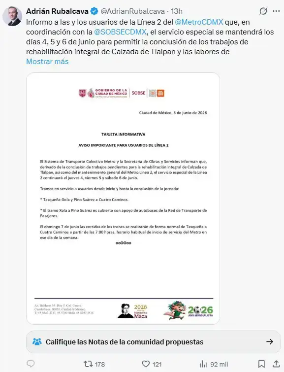 Comunicado del cierre de la Línea 2 del Metro CDMX