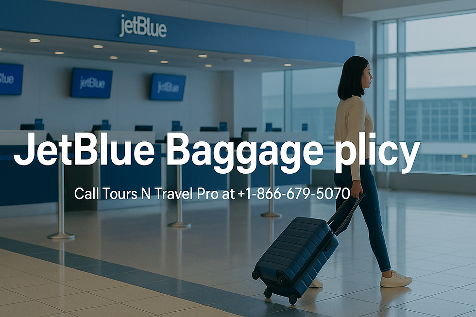 Woman pulling suitcase at JetBlue counter; large text reads "JetBlue Baggage policy," with a phone number below. Bright, blue accents.