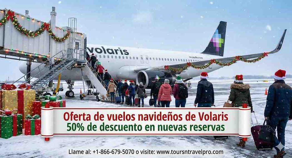 People board a Volaris plane decorated with garlands on a snowy runway. Text: "Oferta de vuelos navideños de Volaris, 50% de descuento."