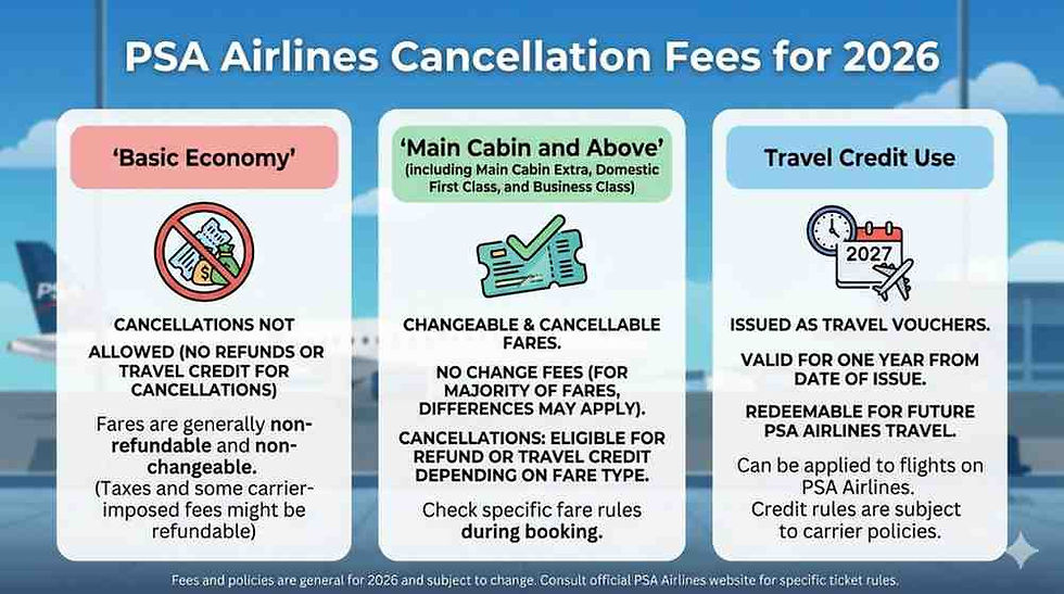 PSA Airlines 2026 cancellation fees: Basic Economy non-refundable, Main Cabin changeable. Travel credit valid for 1 year from issue.