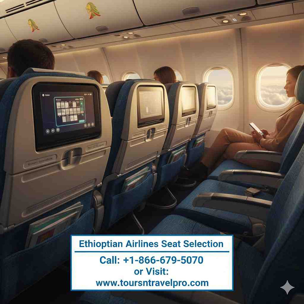 Airplane cabin with passengers seated, using screens. Warm lighting. Ethiopian Airlines logo. Text: Ethiopian Airlines Seat Selection.