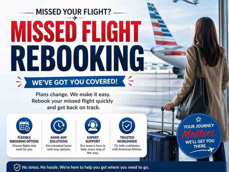 Woman at airport window watches plane. "Missed Flight Rebooking" text offers help. Red, blue accents, contact details below.