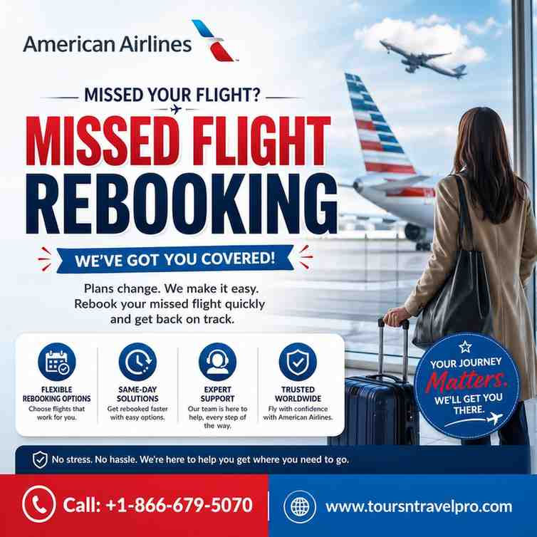 Woman at airport window watches plane. "Missed Flight Rebooking" text offers help. Red, blue accents, contact details below.