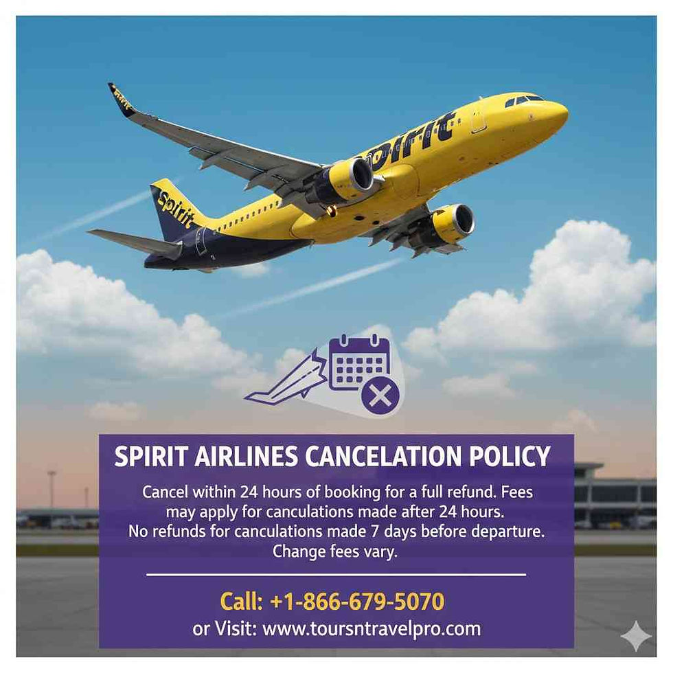 Yellow Spirit Airlines plane in sky, clouds in background. Text below outlines cancelation policy, phone number, and website for details.