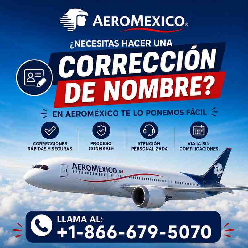 Aeromexico ad in Spanish with airplane in sky, asking about name correction, and phone number +1-866-679-5070.