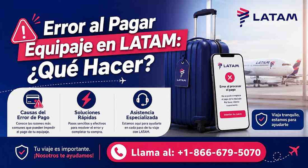 LATAM ad about baggage payment error, with suitcase, phone showing error, airplane in background, and help hotline.